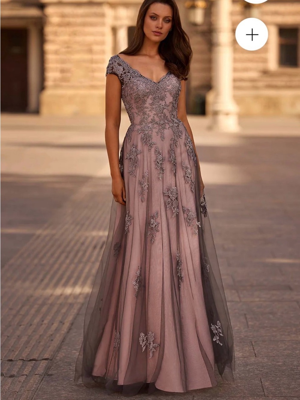 La Femme Dusty Mauve Lace Appliqué Tulle Maxi Gown